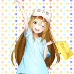  ;d absurdres arm_up bangs blue_shirt blush brown_eyes brown_hair character_name commentary eyebrows_visible_through_hair flag flat_cap hair_between_eyes hat hataraku_saibou heart heart_background highres holding holding_flag long_hair multicolored multicolored_polka_dots one_eye_closed open_mouth platelet_(hataraku_saibou) polka_dot polka_dot_background round_teeth shirt short_sleeves smile solo teeth the_cold upper_teeth very_long_hair white_background white_hat 
