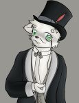  2012 anthro black_nose bow_tie classy clothed clothing ears_down eyewear facial_hair ferret fully_clothed fur green_eyes grey_background half-length_portrait hat jacket log_(artist) looking_at_viewer male mammal monocle mustache mustelid portrait simple_background solo suit top_hat white_fur 