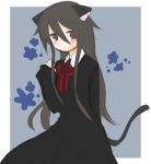  animal_ears blue_background blush brown_eyes brown_hair cat_ears cat_tail dress hekikuu_(kanaderuyume) long_hair long_sleeves machiya_matia polyphonica:the_black red_ribbon ribbon shinkyoku_soukai_polyphonica tail white_collar 