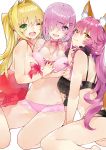  ;d absurdres animal_ear_fluff animal_ears black_bra black_panties blonde_hair bra breasts bright_pupils choker cleavage commentary eyebrows_visible_through_hair fate/grand_order fate_(series) fox_ears fox_tail girl_sandwich green_eyes hair_intakes hair_ornament hair_over_one_eye hair_over_shoulder hairclip hand_on_another's_chest highres kou_mashiro large_breasts leaning_forward lingerie long_hair looking_at_viewer mash_kyrielight multiple_girls navel negligee nero_claudius_(fate)_(all) one_eye_closed one_side_up open_mouth panties pink_bra pink_hair pink_panties purple_eyes ribbon_choker sandwiched see-through short_hair simple_background sitting smile tail tamamo_(fate)_(all) underwear underwear_only white_background white_pupils yellow_eyes yokozuwari 