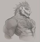  abs aestheticmachine anthro chest_tuft detailed dinosaur facial_hair feathers half_portrait looking_at_viewer male monochrome muscular muscular_male open_mouth pecs sideburns sketch solo spines tagg teeth theropod tuft tyrannosaurus_rex 