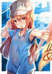  armpits artist_name blue_shirt blurry blurry_foreground blush breasts brown_eyes brown_hair character_name closed_mouth commentary covered_navel covered_nipples depth_of_field english_commentary flag flat_cap hat hataraku_saibou highres holding holding_flag long_hair long_shirt looking_at_viewer mouth_hold multiple_girls nose_blush outstretched_arm oversized_clothes oversized_shirt platelet_(hataraku_saibou) salute see-through_silhouette shirt short_sleeves small_breasts smile solo_focus twitter_username watermark whistle white_hat xephonia 