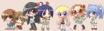  6+girls arms_at_sides black_hair blue_eyes blue_hair bow bowtie brown_background chibi commentary_request everyone full_body glasses green_shirt green_skirt highres ichijou_(pani_poni) ikkyuu katagiri_himeko long_hair long_sleeves looking_at_viewer momose_kurumi momotsuki_gakuen_school_uniform multiple_girls pani_poni_dash! pantyhose pleated_skirt ponytail rebecca_miyamoto red_eyes rimless_eyewear sailor_collar school_uniform serafuku shirt short_hair simple_background skirt standing suzuki_sayaka tachibana_rei uehara_miyako very_long_hair yellow_sailor_collar 