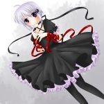  black_dress dress gothic_lolita hair_ornament hekikuu_(kanaderuyume) kagari_(rewrite) lolita_fashion purple_eyes red_ribbon rewrite ribbon short_hair short_sleeves silver_hair solo 