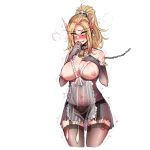  blonde_hair blood_elf blush breasts condom elf elf_ears fishnet_legwear fishnet_top fishnets green_eyes large_breasts long_hair maid mr.skull panties pointy_ears slave tattoo underwear valeera_sanguinar warcraft world_of_warcraft 