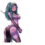  1girl aqua_hair ass blush breasts butt_crack condom elf elf_ears fishnet_legwear fishnet_top fishnets heroes_of_the_storm maid maid_cap mr.skull night_elf pointy_ears purple_skin red_ass silver_eyes slave spanked tyrande_whisperwind warcraft world_of_warcraft 