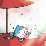  1other bandana bandana_around_neck blue_fur cup falling_petals fire_emblem fire_emblem_engage lowres miyacomupa no_humans petals pink_bandana sleeping sommie_(fire_emblem) two-tone_fur umbrella white_fur 