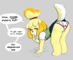  animal_crossing anthro canine clothed clothing english_text female isabelle_(animal_crossing) latchk3y looking_at_viewer mammal nintendo panties smile solo standing teasing text underwear video_games 