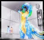 absurd_res anthro ara_(genus) avian bathing bioluminescence bioluminescent_tongue bird blue-and-yellow_macaw blue_body countershading covered_eyes feathers glistening glowing hair hand_on_head hi_res long_hair macaw male meatyr mitchell_(meatyr) neotropical_parrot parrot shampoo shampoo_bottle shower singing solo steam suds tail tail_feathers true_parrot wet