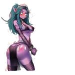  1girl aqua_hair ass blush breasts butt_crack condom elf elf_ears fishnet_legwear fishnet_top fishnets heroes_of_the_storm maid maid_cap mr.skull night_elf pointy_ears purple_skin red_ass silver_eyes slave solo spanked tyrande_whisperwind warcraft world_of_warcraft 