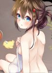  alternate_hairstyle bathing blue_eyes blush breasts brown_hair commentary from_behind hair_between_eyes hair_flaps hair_ornament hand_on_own_chest kantai_collection looking_at_viewer looking_back mashiro_aa medium_breasts multiple_girls naked_towel onsen remodel_(kantai_collection) rubber_duck shigure_(kantai_collection) sideboob solo_focus symbol_commentary towel yuudachi_(kantai_collection) 
