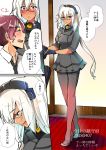  1girl admiral_(kantai_collection) carpet check_translation colorized comic commentary_request glasses gloves grey_gloves grey_legwear grey_skirt headband highres kantai_collection long_hair masago_(rm-rf) musashi_(kantai_collection) necktie partially_translated red_hair remodel_(kantai_collection) skirt speech_bubble translation_request wall white_hair 