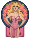  1girl art_nouveau artist_name babydoll blonde_hair blue_eyes breasts collarbone crown earrings food fruit galmesh_rosewood hands_on_own_hips highres jewelry long_hair looking_at_viewer mario_(series) medium_breasts name_connection navel object_namesake panties peach pink_babydoll princess_peach see-through_clothes simple_background smile solo sphere_earrings underwear 