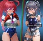  ahoge ass_visible_through_thighs bare_shoulders boxing boxing_gloves breasts collar collarbone competition_swimsuit covered_navel crop_top dorachan_r elbow_gloves gloves green_eyes grey_hair highres i-168_(kancolle) kantai_collection long_hair medium_breasts one-piece_swimsuit ponytail red_eyes red_hair sailor_collar scamp_(kancolle) school_swimsuit school_uniform serafuku short_shorts shorts sidelocks single_elbow_glove skin_tight skindentation swimsuit torn_clothes torn_shorts very_long_hair 