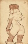  1girl arm_warmers artist_name bbc-chan blonde_hair blush breasts dimples_of_venus dressing elbow_gloves from_behind fur_hat fur_trim gloves hamtaro_(hamtaro) hat kolin large_breasts long_hair looking_at_viewer looking_back monochrome nude outline parted_lips side_boob solo street_fighter street_fighter_v thighhighs ushanka 