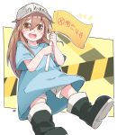  baseball_cap blue_shirt blush_stickers boots brown_eyes flag full_body hair_between_eyes hat hataraku_saibou light_brown_hair long_hair nobu_baka open_mouth platelet_(hataraku_saibou) shirt short_sleeves smile solo 