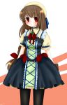  bangs blue_dress bow braid brown_hair dress hekikuu_(kanaderuyume) highres long_hair original pantyhose puffy_short_sleeves puffy_sleeves red_bow red_eyes short_sleeves solo 