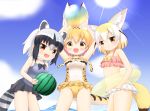  :d adapted_costume animal_ear_fluff animal_ears ball bare_arms bare_shoulders beachball black_hair blonde_hair blue_sky blush breasts brown_eyes casual_one-piece_swimsuit commentary common_raccoon_(kemono_friends) covered_navel day fang fennec_(kemono_friends) food fox_ears fox_girl fox_tail fruit highres holding holding_ball holding_food holding_fruit innertube kemono_friends looking_at_viewer medium_breasts multicolored_hair multiple_girls navel one-piece_swimsuit open_mouth outdoors pink_bikini_top purple_swimsuit raccoon_ears raccoon_girl raccoon_tail serval_(kemono_friends) serval_ears serval_print serval_tail shin01571 silver_hair sky small_breasts smile standing sun swimsuit tail transparent two-tone_hair watermelon white_bikini_bottom white_hair white_swimsuit yellow_innertube 