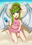  artist_name beach bracelet chiki commentary day dragon_wings fang fire_emblem fire_emblem:_monshou_no_nazo fire_emblem_heroes food green_eyes green_hair hair_ribbon highres jewelry long_hair mamkute obakeart open_mouth pink_swimsuit pointy_ears ponytail popsicle red_ribbon ribbon sitting solo swimsuit tiara water wings wristband 