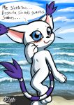  2018 beach dialogue digimon digital_media_(artwork) feline female fur gatomon hi_res looking_at_viewer mammal milesnukem open_mouth sea seaside solo spanish_text text water white_fur 