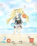  &gt;_&lt; &gt;o&lt; arm_up bangs bare_legs beach belt big_hair bird blonde_hair blue_eyes blue_shirt blue_sky breast_pocket breasts bucket buttons cleavage closed_eyes cloud cloudy_sky collarbone collared_shirt commentary_request crying d: day enemy_lifebuoy_(kantai_collection) eyebrows_visible_through_hair facing_viewer food full_body gambier_bay_(kantai_collection) hair_between_eyes hairband hand_up holding holding_food holding_spoon horizon kantai_collection large_breasts long_hair low_twintails multicolored multicolored_clothes ocean omuretu_(butterroru) open_mouth outdoors pigeon-toed pocket sand sandals seagull seaside shaved_ice shinkaisei-kan shirt short_shorts short_sleeves shorts shovel signature sky solo spoon standing sun t-shirt tearing_up tears toes twintails wavy_mouth 