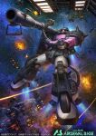  aiming battle bazooka_(gundam) cable damaged energy_beam explosion fire glowing gundam gundam_arsenal_base machinery mecha mecha_focus mobile_suit mobile_suit_gundam_the_origin nebula no_humans official_art promotional_art radio_antenna realistic robot science_fiction scope star_(sky) thrusters title vernier_thrusters wreckage zaku_ii zaku_ii_hmt_black_tri-stars_custom 