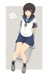  arms_behind_back black_hair black_legwear blue_eyes blue_ribbon blue_sailor_collar blue_skirt chair collarbone eyebrows_visible_through_hair folding_chair fubuki_(kantai_collection) full_body grey_footwear kantai_collection kugui_kiyunemu looking_at_viewer low_ponytail neck_ribbon on_chair pleated_skirt ribbon sailor_collar school_uniform serafuku short_ponytail short_sleeves sidelocks simple_background sitting skirt smile socks 