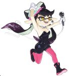  +_+ 1girl black_hair black_jumpsuit bow-shaped_hair breasts callie_(splatoon) callie_(squid_sisters_outfit)_(splatoon) cleavage detached_collar earrings fangs food food_on_head gloves gradient_hair hoop_earrings inkling jewelry jumpsuit long_hair mole mole_under_eye multicolored_hair object_on_head open_mouth pantyhose pink_pantyhose pointy_ears short_jumpsuit smile splatoon_(series) spry strapless_jumpsuit sushi swept_bangs tentacle_hair thick_eyebrows twintails unitard white_gloves 