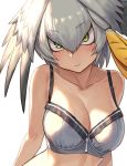  backlighting blush bra breasts cleavage closed_mouth collarbone commentary eyebrows_visible_through_hair green_eyes grey_bra guchico head_wings kemono_friends large_breasts looking_at_viewer shoebill_(kemono_friends) silver_hair simple_background solo underwear upper_body white_background work_in_progress 