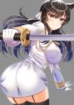  aiguillette animal_ears ass atago_(azur_lane) azur_lane bangs black_hair black_legwear blush breasts brown_eyes commentary_request eyebrows_visible_through_hair from_behind garter_straps gloves grey_background hair_between_eyes hair_ribbon highres holding holding_sword holding_weapon honami_(yths4221) katana large_breasts long_hair looking_at_viewer military military_uniform mole mole_under_eye parted_lips ribbon sidelocks simple_background skindentation smile solo swept_bangs sword thighhighs thighs twisted_torso uniform weapon white_gloves white_ribbon 