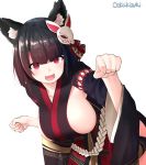  :d animal_ears artist_name azur_lane black_hair black_kimono breasts cat_ears cat_mask check_commentary commentary_request eyebrows_visible_through_hair fang highres japanese_clothes kimono large_breasts looking_at_viewer mask mask_on_head oekakizuki open_mouth red_eyes short_hair sideboob simple_background smile solo white_background wide_sleeves yamashiro_(azur_lane) 