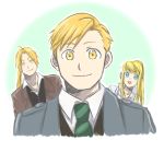 2boys :d alphonse_elric bangs blonde_hair blue_background brothers close-up coat edward_elric eyebrows_visible_through_hair face fullmetal_alchemist gradient gradient_background happy long_hair looking_at_viewer multiple_boys necktie open_mouth shirt short_hair siblings simple_background smile upper_body v-shaped_eyebrows vest white_background white_shirt winry_rockbell yellow_eyes yukiko_moruo 