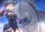  :d armor armored_leotard armpits backlighting bangs black_armor black_leotard blue_sky bracer breastplate breasts breasts_apart cable cleavage cloud cowboy_shot fate/grand_order fate_(series) faulds gloves gorget hair_over_one_eye hand_up happy head_mounted_display hips holding_shield lens_flare leotard light_particles looking_at_viewer mash_kyrielight medium_breasts no-kan open_mouth ortenaus outdoors outstretched_arm purple_eyes shield short_hair shoulder_armor silver_hair sky smile solo spaulders standing 