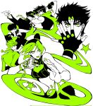  1girl 5boys asymmetrical_bangs battle_tendency black_gloves black_hair black_hat black_shirt braid chain clamchowder55 colored_skin diamond_wa_kudakenai double_bun from_behind gakuran giorno_giovanna gloves green_eyes green_hair green_headband green_jacket green_scarf green_shirt hair_bun hat headband heart heart_print higashikata_josuke higashikata_josuke&#039;s_pose_(jojo) highres jacket jojo_no_kimyou_na_bouken jojo_pose jonathan_joestar jonathan_joestar&#039;s_pose_(jojo) joseph_joestar joseph_joestar&#039;s_pose_(jojo) joseph_joestar_(young) kujo_jolyne kujo_jolyne&#039;s_pose_(jojo) kujo_jotaro kujo_jotaro&#039;s_pose_(jojo) limited_palette multicolored_hair multiple_boys muscular phantom_blood scarf school_uniform shirt single_braid sleeveless sleeveless_shirt spot_color star_(symbol) stardust_crusaders stone_ocean two-tone_hair vento_aureo white_skin 