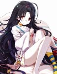  artist_name asymmetrical_legwear bandaid bandaid_on_nose bangs_pinned_back black_hair blurry blurry_foreground c-ms_(girls_frontline) closed_mouth commentary depth_of_field dress dyolf feet_out_of_frame fish food food_on_face girls_frontline holding holding_fish kneehighs long_hair long_sleeves mismatched_legwear no_shoes red_eyes single_kneehigh sitting sleeves_past_fingers sleeves_past_wrists solo striped striped_legwear very_long_hair white_background white_dress white_legwear wide_sleeves x_x younger 