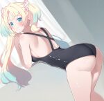  1girl alternate_costume ass back bare_shoulders bent_over black_one-piece_swimsuit blonde_hair blue_eyes blue_hair blush breasts closed_mouth commentary curtains feet_out_of_frame flower from_behind gradient_hair hair_flower hair_ornament indoors link!_like!_love_live! long_hair looking_at_viewer looking_back love_live! median_furrow medium_breasts multicolored_hair one-piece_swimsuit osawa_rurino parted_bangs pink_flower racerback school_swimsuit shoulder_blades sideboob smile solo soyo1558686 split_mouth swimsuit twintails virtual_youtuber 