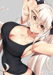  arched_back armpits black_ribbon black_tank_top blush breasts cleavage collarbone commentary english_commentary eyebrows_visible_through_hair hair_between_eyes highres large_breasts long_hair midriff original pants ribbon smile tony_guisado twintails w white_hair yellow_eyes 