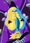 2025 abs absurd_res alastor_(kings_of_hell) black_clothing black_pasties black_thong black_underwear blue_eyes blue_necktie bulge clothed clothing costume digital_media_(artwork) easter easter_egg electricity electricity_creature elemental_creature empty_eyes fake_ears fake_rabbit_ears fake_rabbit_tail fake_tail fangs front_view heart_pasties hi_res holidays humanoid kings_of_hell legwear looking_at_viewer lying male muscular muscular_male necktie nobody_shapes on_back open_mouth open_smile pantsless pasties pecs purple_background purple_clothing purple_legwear purple_topwear reverse_bunny_costume sharp_teeth shirt_collar shrug_(clothing) simple_background smile solo spread_legs spreading stockings teeth thigh_highs thong topwear underwear yellow_body