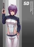  artist_name belt breasts cropped_jacket cyborg denim ghost_in_the_shell gun handgun highleg highleg_leotard jacket jeans kusanagi_motoko leotard looking_at_viewer medium_breasts pants pistol purple_hair red_eyes short_hair silmadrillion weapon white_pants 