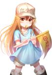  bangs black_footwear blue_shirt blush boots brown_eyes brown_hair character_name commentary eyebrows_visible_through_hair flag flat_cap grey_hat grey_shorts hair_between_eyes hands_up hat hataraku_saibou highres holding holding_flag knee_boots long_hair mouth_hold platelet_(hataraku_saibou) seungju_lee shirt short_shorts short_sleeves shorts simple_background solo standing very_long_hair whistle white_background 
