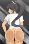  1girl against_fourth_wall against_glass against_screen ahoge artist_request ass ass_press black_hair bottomless breasts dark_skin fourth_wall from_behind green_eyes grin hair_ornament hair_ribbon homura_(senran_kagura) huge_ass large_breasts long_hair looking_at_viewer looking_back mooning ponytail ribbon senran_kagura shiny shiny_hair shiny_skin shirt sideboob smile solo very_long_hair 