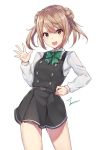  :d bow bowtie commentary_request cowboy_shot double_bun dress eyebrows_visible_through_hair hair_between_eyes hand_on_hip kantai_collection light_brown_eyes light_brown_hair long_sleeves looking_at_viewer michishio_(kantai_collection) open_mouth pinafore_dress remodel_(kantai_collection) school_uniform short_dress signature simple_background smile solo twintails v-shaped_eyebrows waving white_background zhi_zhi/zu_zu 