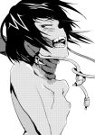  absurdres asphyxiation bangs black_hair blunt_bangs blush boku_no_hero_academia breasts choker earplugs fang from_side greyscale half-closed_eyes highres jirou_kyouka kidmukuro monochrome naughty_face nipples nude open_mouth saliva short_hair simple_background small_breasts smile solo_focus sweatdrop teeth upper_body white_background 