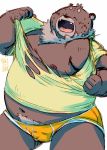  2018 anthro bear belly brown_fur bulge clothing eyes_closed fur male mammal moobs nipples overweight overweight_male shirt simple_background solo totemoii_029 underwear white_background 