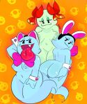 areola beady_eyes big_breasts big_butt big_tongue black_eyes blue_areola blue_nipples blush blush_stickers boo_(mario) bow_tie breasts butt cuffs_(clothing) eyelashes fake_ears female front_view genitals ghost ghost_tail green_areola green_body group hi_res homar_simpleton humanoid lady_bow lahla_(mario) looking_at_viewer mario_bros navel nintendo nipples orange_background paper_mario paper_mario:_the_thousand_year_door pattern_background peeka_(mario) pink_bow_tie pussy rear_view red_bow simple_background smile snaggle_tooth spirit thick_thighs tongue tongue_out trio wide_hips