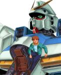  1990s_(style) 1boy blue_eyes blue_pants brown_hair brown_shoes closed_mouth commentary_request green_eyes green_jacket gundam highres jacket long_sleeves looking_at_viewer mecha mobile_suit official_art open_clothes open_cockpit open_jacket ousaka_hiroshi pants retro_artstyle robot scan science_fiction shirt shoes short_hair simple_background third-party_source traditional_media uso_ewin v-fin v_gundam victory_gundam white_background white_shirt 