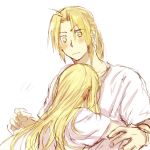  1girl blonde_hair blush couple edward_elric expressionless eyebrows_visible_through_hair facing_away fingernails fullmetal_alchemist height_difference hetero hug long_hair looking_at_another looking_down ponytail shirt simple_background tsukuda0310 white_background white_shirt winry_rockbell yellow_eyes 