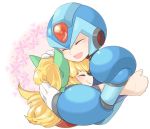  1boy 1girl android blonde_hair blush capcom closed_mouth eyes_closed gloves happy helmet high_ponytail hug long_hair open_mouth ponytail rockman rockman_(classic) rockman_x roll smile tobitori white_gloves x_(rockman) 