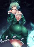  ass back breasts commentary_request dress ghost_tail green_dress green_eyes green_hair hat huge_breasts long_sleeves looking_at_viewer looking_back pantylines sekiyu_(spartan) short_hair soga_no_tojiko solo tate_eboshi thick_thighs thighs touhou 