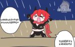  &gt;_&lt; 1girl \o/ arms_up artist_request chibi clenched_hands closed_eyes clothing_cutout goddess_of_victory:_nikke highres horns jacket leather leather_jacket leather_pants leg_cutout mechanical_horns meme open_mouth outstretched_arms pants rain raised_fists rectangular_mouth red_hood_(nikke) red_scarf scarf seggs_(meme) shouting uohhhhhhhhh!_(meme) 